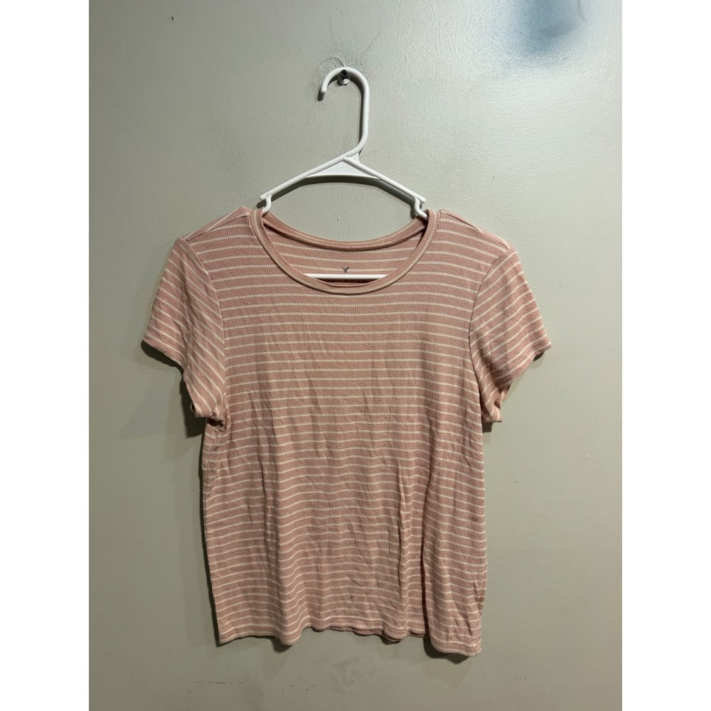 American Eagle Soft & Sexy Ribbed Striped T-Shirt Pink White Large